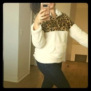 Faux sherpa leopard pullover
